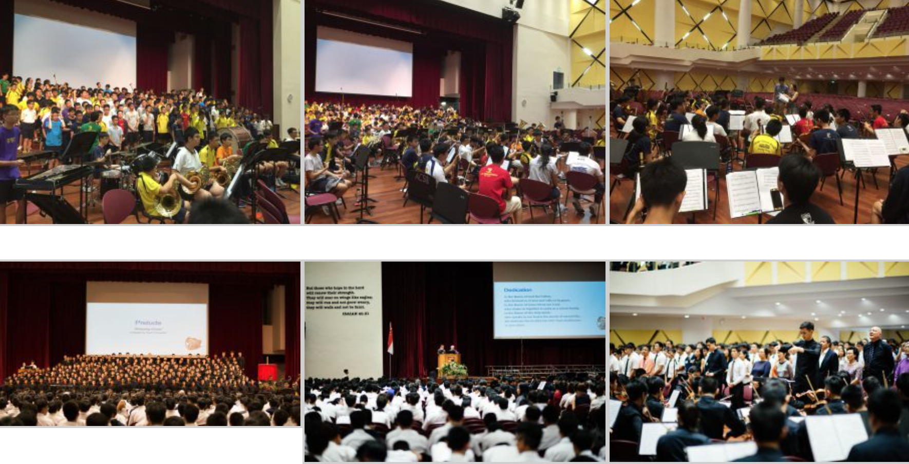 Six photos showing students in school uniforms performing in orchestras, attending assemblies, and rehearsing in auditoriums.